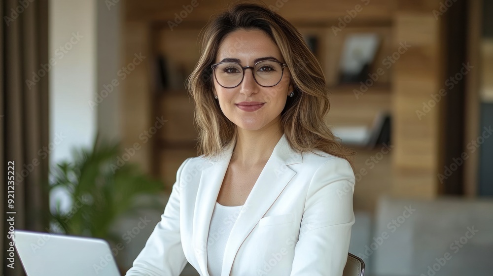 A businesswoman wearing glasses and a white jacket is smiling for the camera A businesswoman wearing glasses and a white jacket is smiling for the camera
