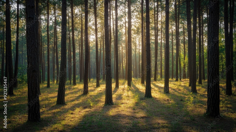 A serene pine forest with sunlight streaming through, creating a tranquil, nature-inspired background. A serene pine forest with sunlight streaming through, creating a tranquil, nature-inspired background.