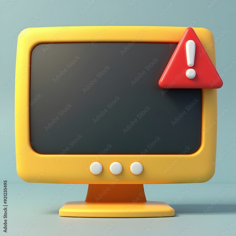 Retro Yellow Computer Monitor with Error Alert Icon on Minimalist Background Retro Yellow Computer Monitor with Error Alert Icon on Minimalist Background