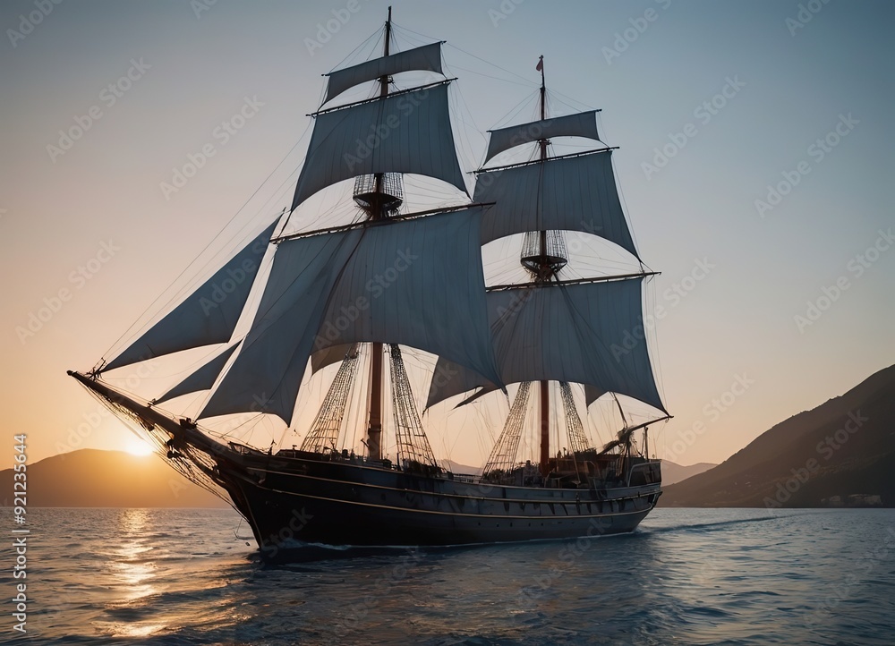 A Majestic Sailing Ship Gliding Gracefully at Sunset Over Tranquil, Reflective Waters A Majestic Sailing Ship Gliding Gracefully at Sunset Over Tranquil, Reflective Waters