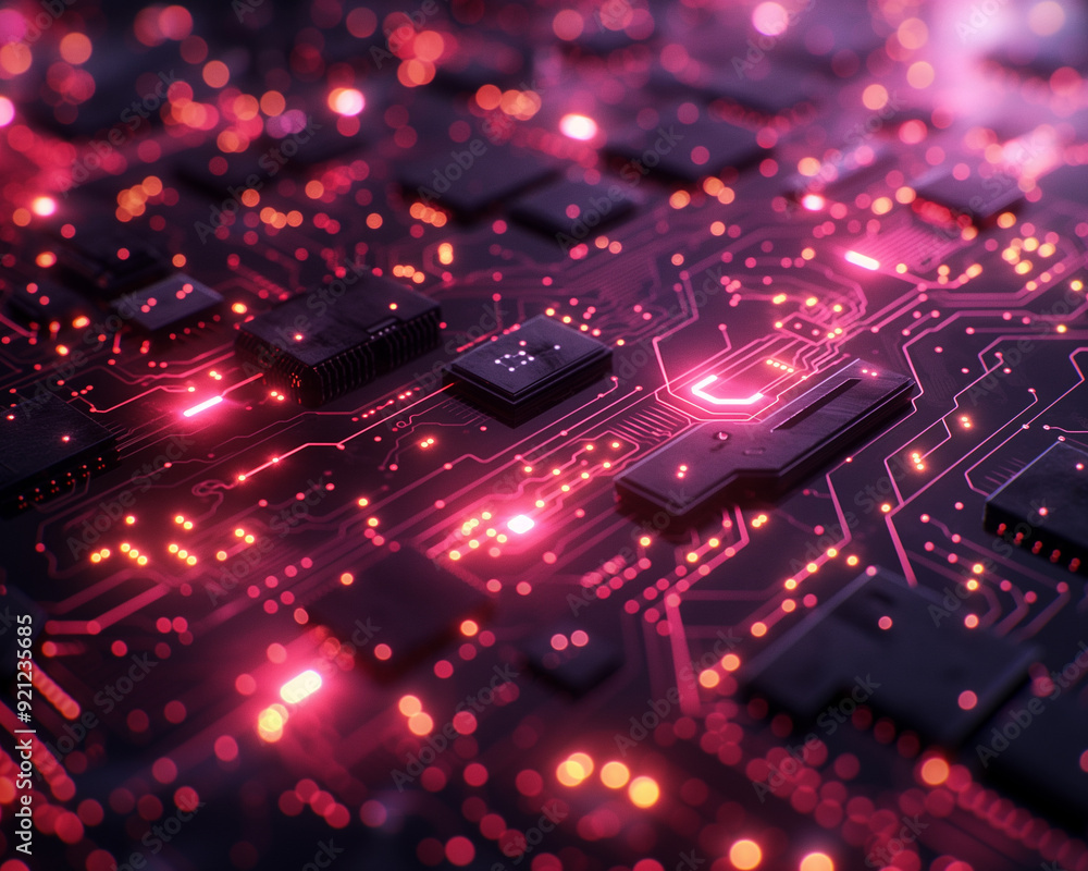 Fototapeta premium A close up of a circuit board with red lines and glowing dots