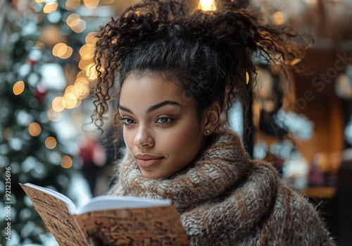 young black woman lookin up from her book, holiday season background