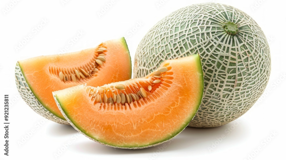 Ripe melon and a piece close-up on a white background. Isolated Ripe melon and a piece close-up on a white background. Isolated