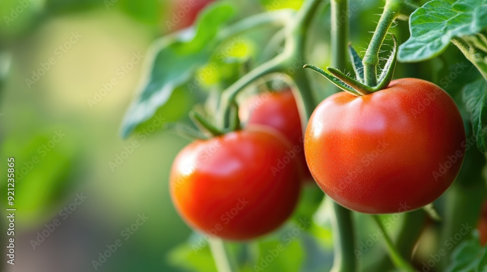 Close-up of vibrant red tomatoes hanging on the vine with lush green leaves in a sunlit garden background. Close-up of vibrant red tomatoes hanging on the vine with lush green leaves in a sunlit garden background.