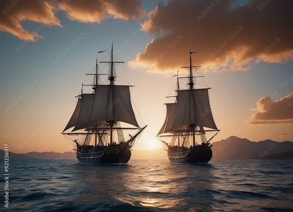 Fototapeta premium A Majestic Sailing Ship Gliding Gracefully at Sunset Over Tranquil, Reflective Waters