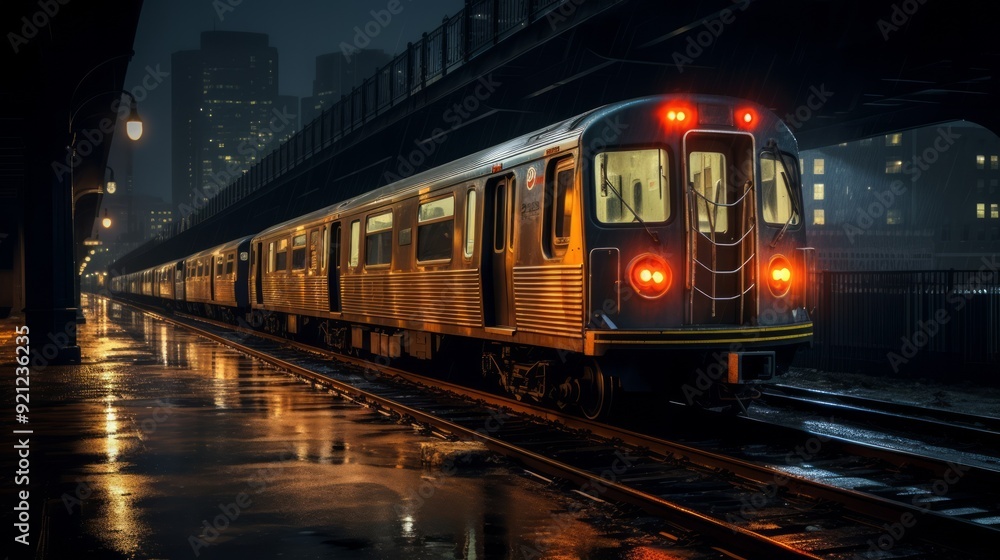 Naklejka premium Commuter train at metro railway station at night. Neural network ai generated art