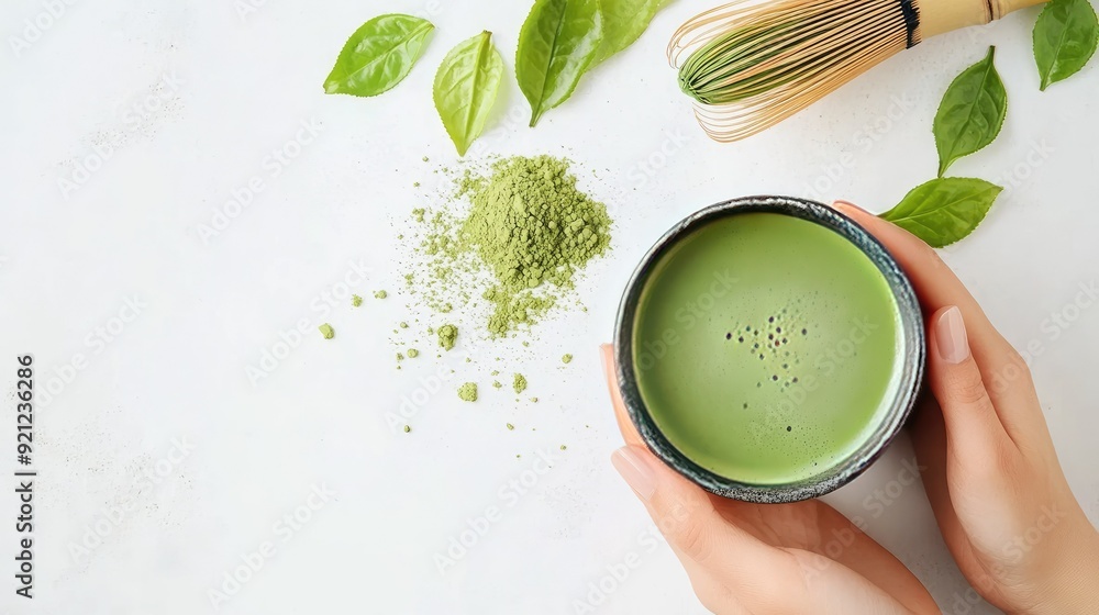 Fresh matcha tea in a cup with a whisk and powder, offering a clean, text-friendly backdrop. Fresh matcha tea in a cup with a whisk and powder, offering a clean, text-friendly backdrop.