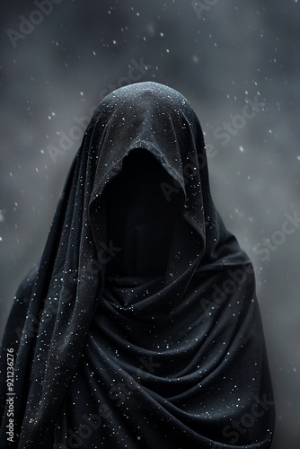 woman black cloak hood transparent background death corruption god winter face visible standing banshee member endless white cloth scarf necro