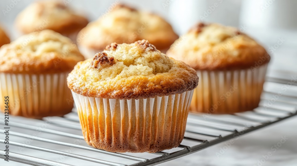 Freshly baked muffins cooling on a rack, with a light, airy background offering space for text. Freshly baked muffins cooling on a rack, with a light, airy background offering space for text.