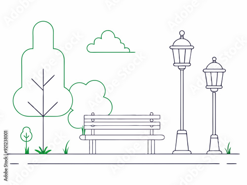 continuous single line drawing of bench and lantern in public park, line art vector illustration
