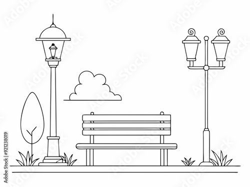 continuous single line drawing of bench and lantern in public park, line art vector illustration
