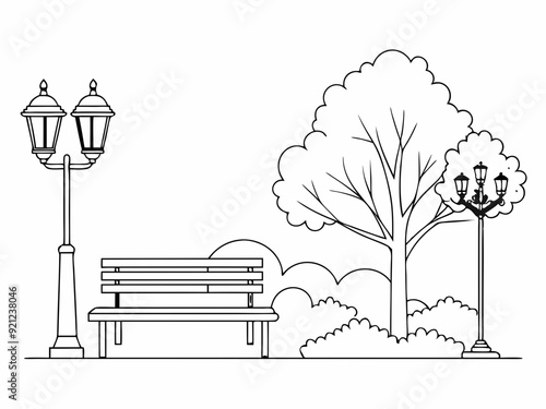 continuous single line drawing of bench and lantern in public park, line art vector illustration
