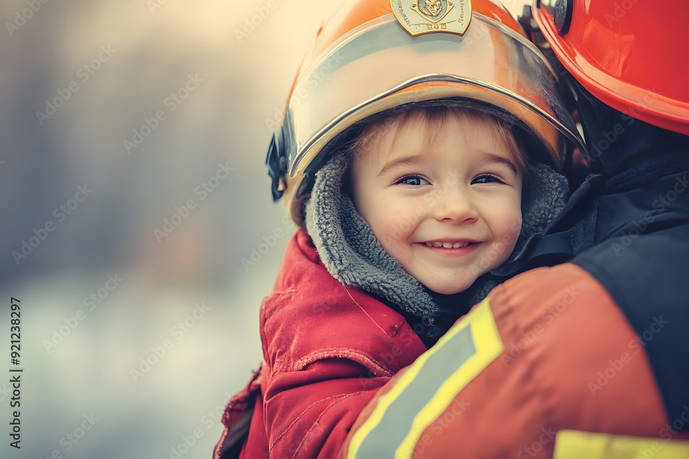 cute little child hugging with a fireman cute little child hugging with a fireman