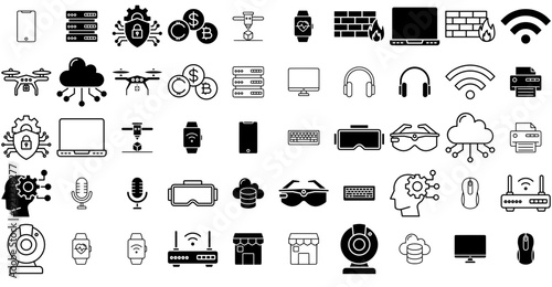 Set Of Digital Technology Icons Collection Isolated Silhouette Solid Icons Including Communication,Data,Computing,Technology,Gaming Vector Icon Set Linear Pictogram Pack