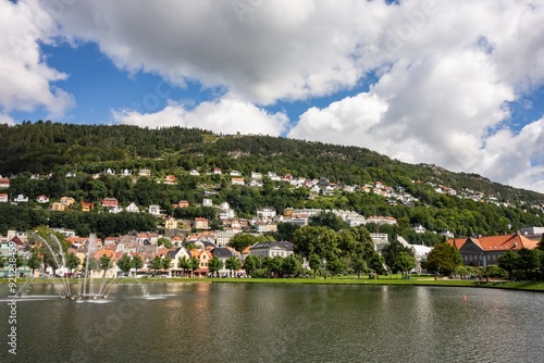 Cityscape of Bergen, norway with Lille Lungegardsvannet lake photo