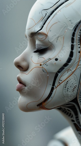 woman face head covering humanoid robot closeup skin lobotomy cyborg girl faired terminals red lips