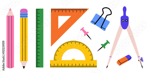 Colorful set of school stationery. Vector illustration for educational content on geometry or drawing
