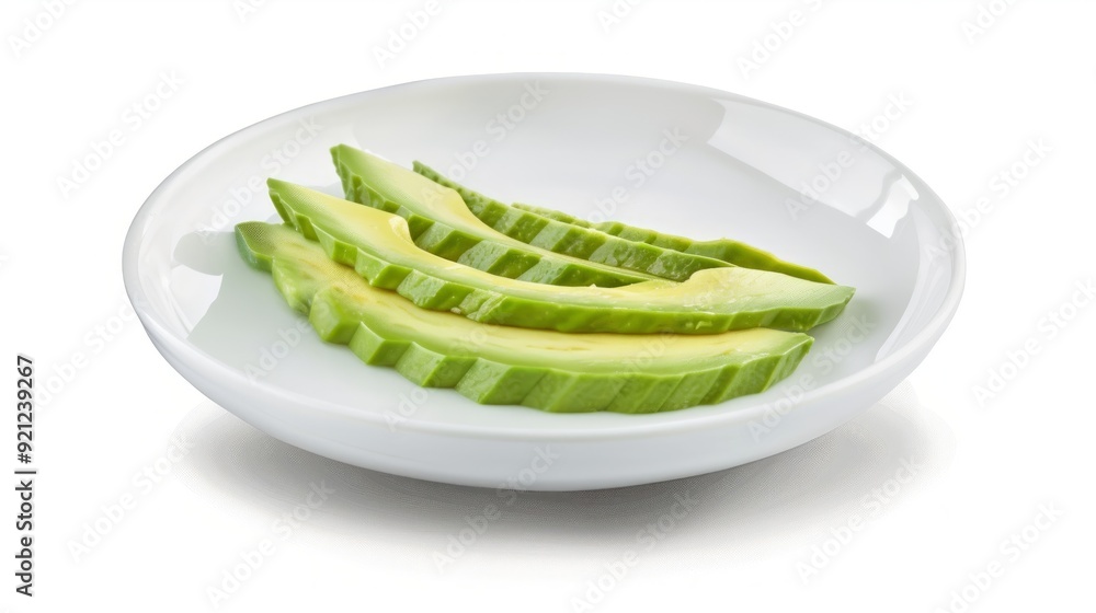 Slice of Alpukat or Avocado (Persea americana), ripe and fresh, served in white plate Slice of Alpukat or Avocado (Persea americana), ripe and fresh, served in white plate