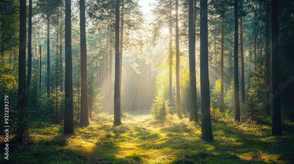 Naklejka premium A serene pine forest with sunlight streaming through, creating a tranquil, nature-inspired background.