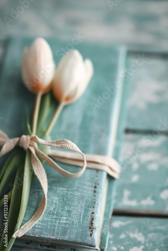 two white tulips tied book table teal color graded header holding gift soft blur high definition shutters offhand gray canvas loosely cropped giving gifts people thank old photo