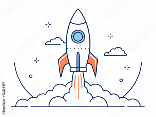 continuous single line drawing of rocket spaceship takeoff, rocket launch line art vector illustration

