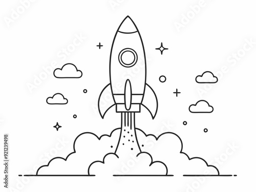 continuous single line drawing of rocket spaceship takeoff, rocket launch line art vector illustration
