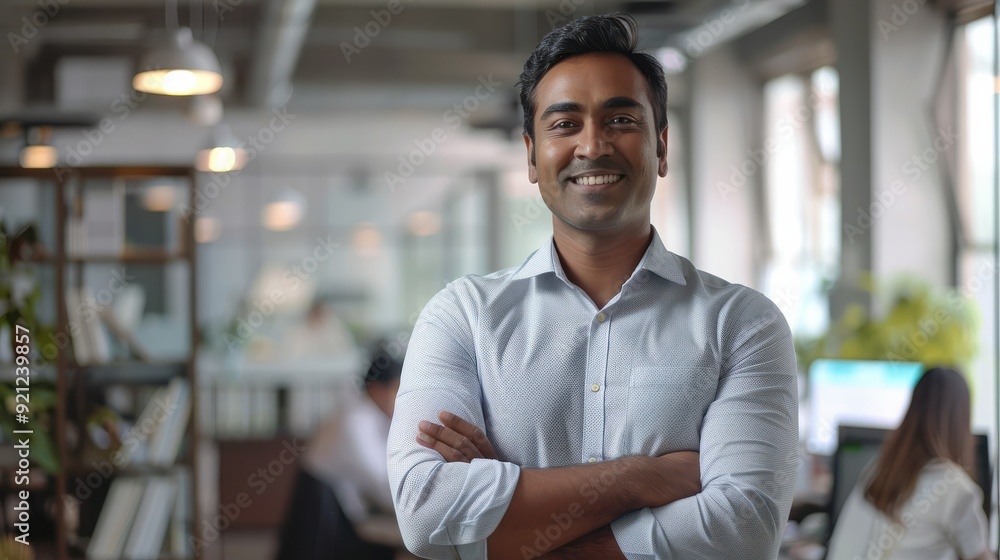 Obraz premium Happy Indian businessman professional leader standing arms crossed in office. Smiling male employee, business man company executive manager, confident eastern entrepreneur at work, Generative AI