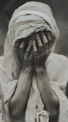 woman white turban covering face inspiring gnarled fingers lost despair linen hands straight down weathered young