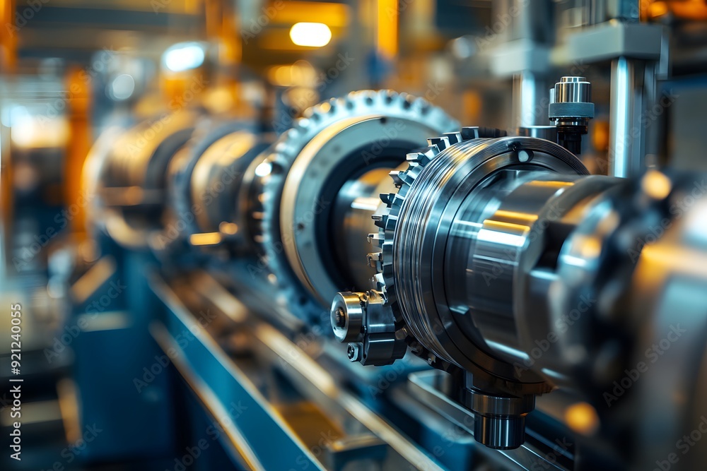 Close-up of industrial machinery in an innovative factory, including engine parts and buildings, blurred background for copy space Close-up of industrial machinery in an innovative factory, including engine parts and buildings, blurred background for copy space