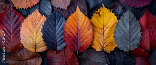 Colorful Autumn Leaves Arranged on Dark Background in Natural Display