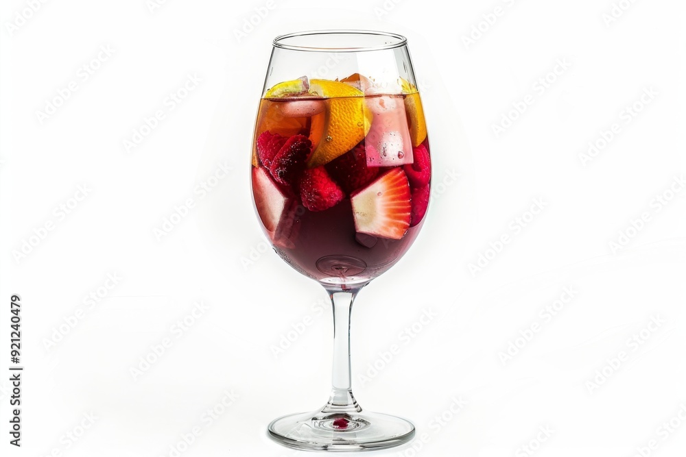 Glass of vibrant red sangria with fruit slices on a white background. Refreshing summer drink isolated. Perfect for parties and gatherings. Simple and elegant presentation. Generative AI Glass of vibrant red sangria with fruit slices on a white background. Refreshing summer drink isolated. Perfect for parties and gatherings. Simple and elegant presentation. Generative AI
