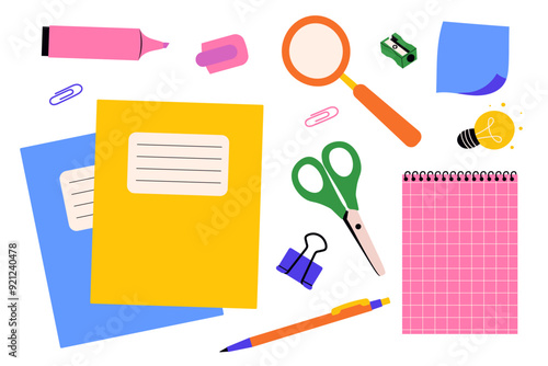 Colorful set of school stationery and accessories. Vector illustration collection of study tools and learning materials for educational content