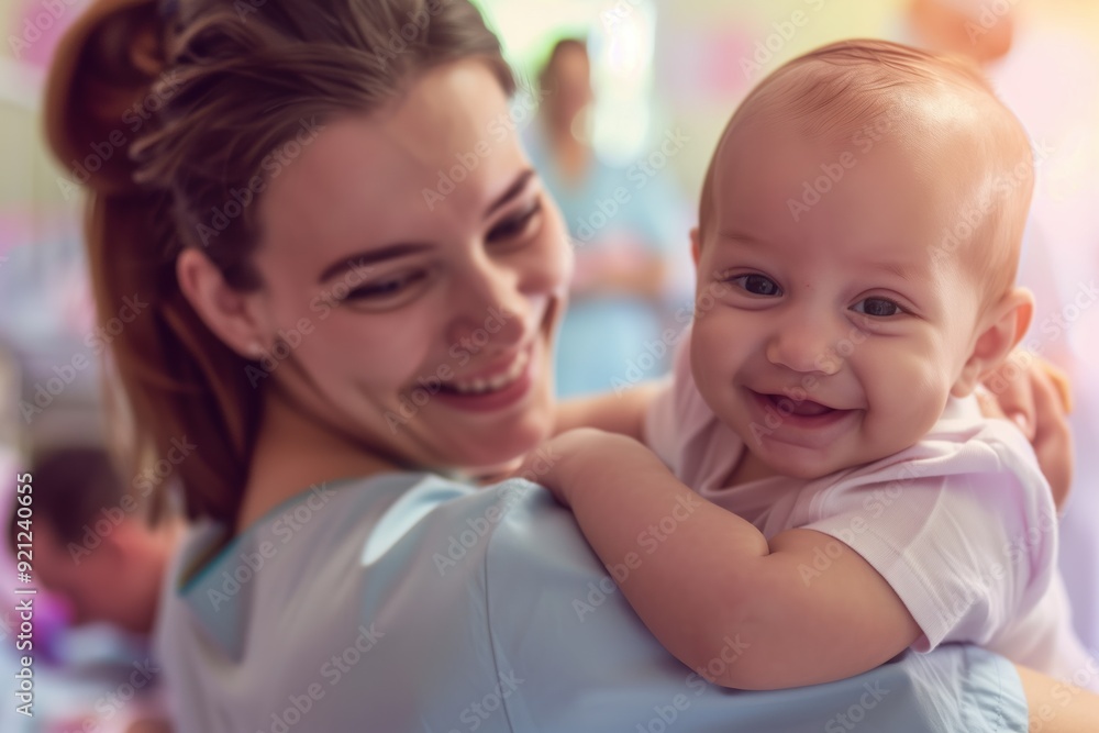 Young Nurse Embracing Smiling Baby in Hospital Ward Young Nurse Embracing Smiling Baby in Hospital Ward