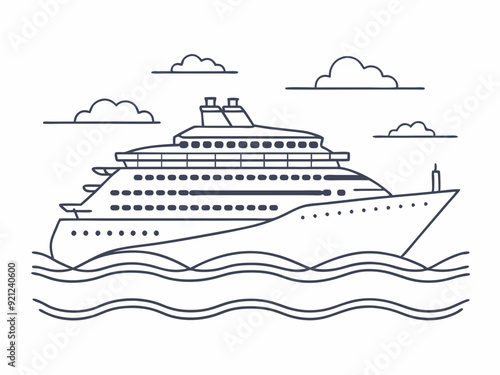 continuous single line drawing of large cruise ship on ocean, line art vector illustration

