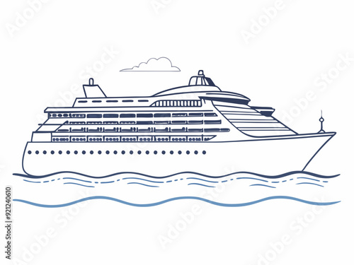 continuous single line drawing of large cruise ship on ocean, line art vector illustration
