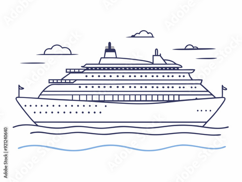 continuous single line drawing of large cruise ship on ocean, line art vector illustration
