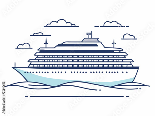 continuous single line drawing of large cruise ship on ocean, line art vector illustration
