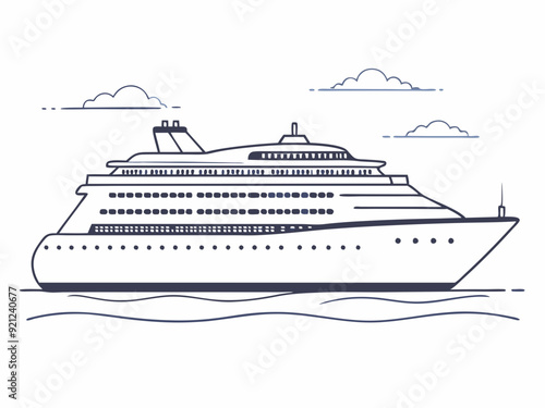 continuous single line drawing of large cruise ship on ocean, line art vector illustration
