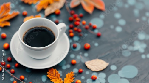 Cozy Coffee Cup Surrounded by Autumn Leaves and Berries on a Rustic Table