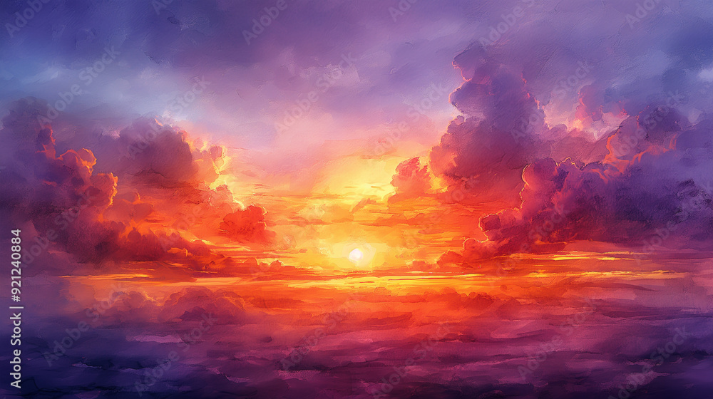Obraz premium A painting of a colorful sky with clouds and a sun