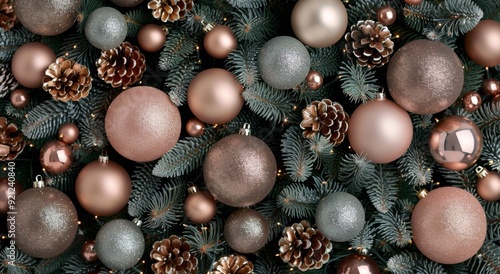 Elegant Christmas Tree Decorated With Ornaments and Pinecones in Soft Evening...