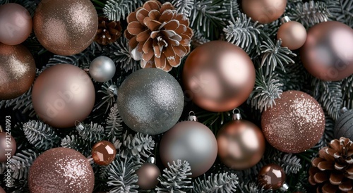 Elegant Christmas Tree Decorated With Ornaments and Pinecones in Soft Evening...