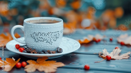 Cozy Coffee Cup Surrounded by Autumn Leaves and Berries on a Rustic Table