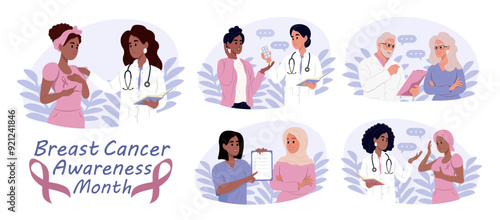 Breast Cancer Awareness Month. Male and female doctors talking to cancer patients. Doctors and patients of different races and ages.