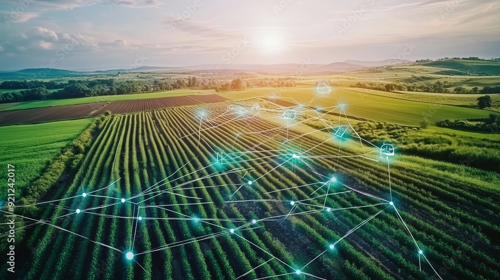 Aerial view of a green agricultural field with digital connectivity symbols at sunset Aerial view of a green agricultural field with digital connectivity symbols at sunset