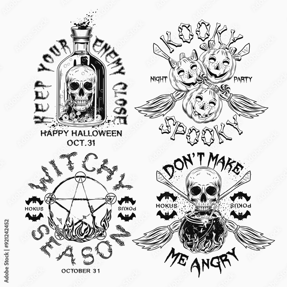 Labels with cauldron, bottle with potion, skull, criss crossed brooms, pumpkin heads like happy kids, pentagram sign, text. Black and white witchy illustrations on white background in vintage style Labels with cauldron, bottle with potion, skull, criss crossed brooms, pumpkin heads like happy kids, pentagram sign, text. Black and white witchy illustrations on white background in vintage style