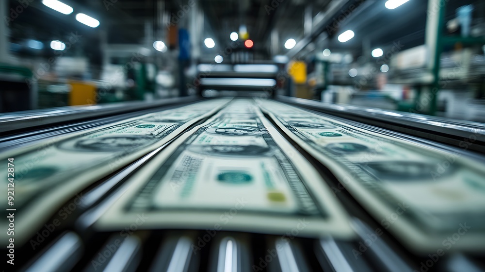 Photo of printed dollar bills moving on the printing press line in depth of field Photo of printed dollar bills moving on the printing press line in depth of field
