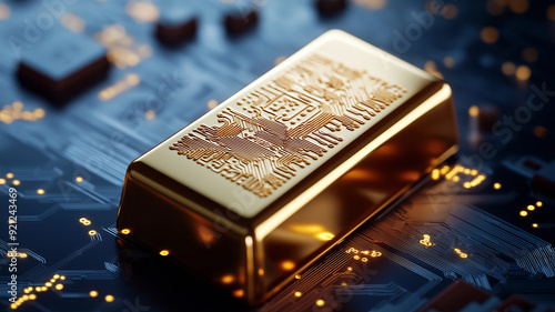 A conceptual image of a gold bar with circuit patterns etched on its surface, symbolizing the merging of traditional gold investment with modern technology and digital finance.