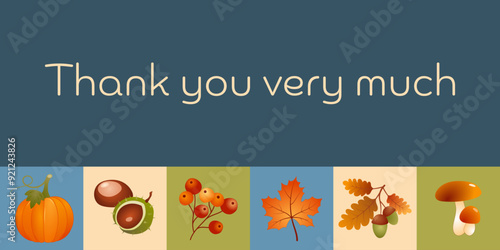 Thank you very much - Schriftzug in englischer Sprache - Vielen Dank. Karte mit Kürbis, Beeren, Kastanien, Eicheln, Ahornblatt und Pilzen.