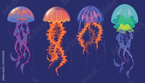 Set of transparent jellyfish in cartoon style.Vector illustration of sea jellyfish of different species with gelatinous body, cap, pulling tentacles isolated on dark blue background. Underwater world.